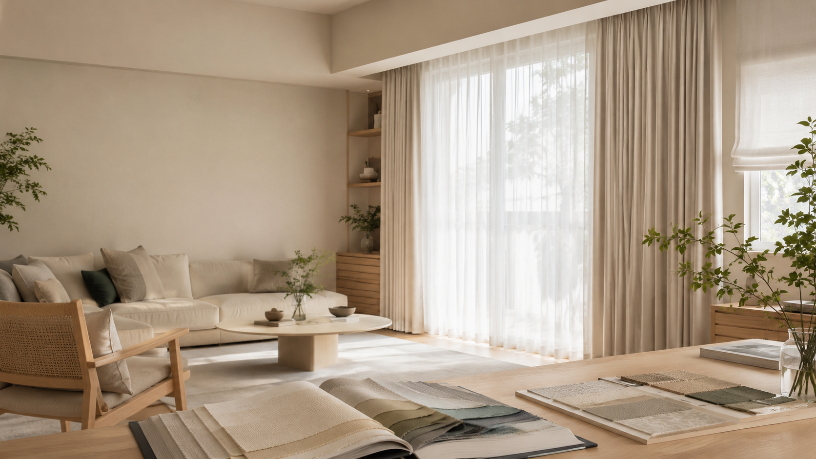 やわらかな光が入るカーテンのある部屋